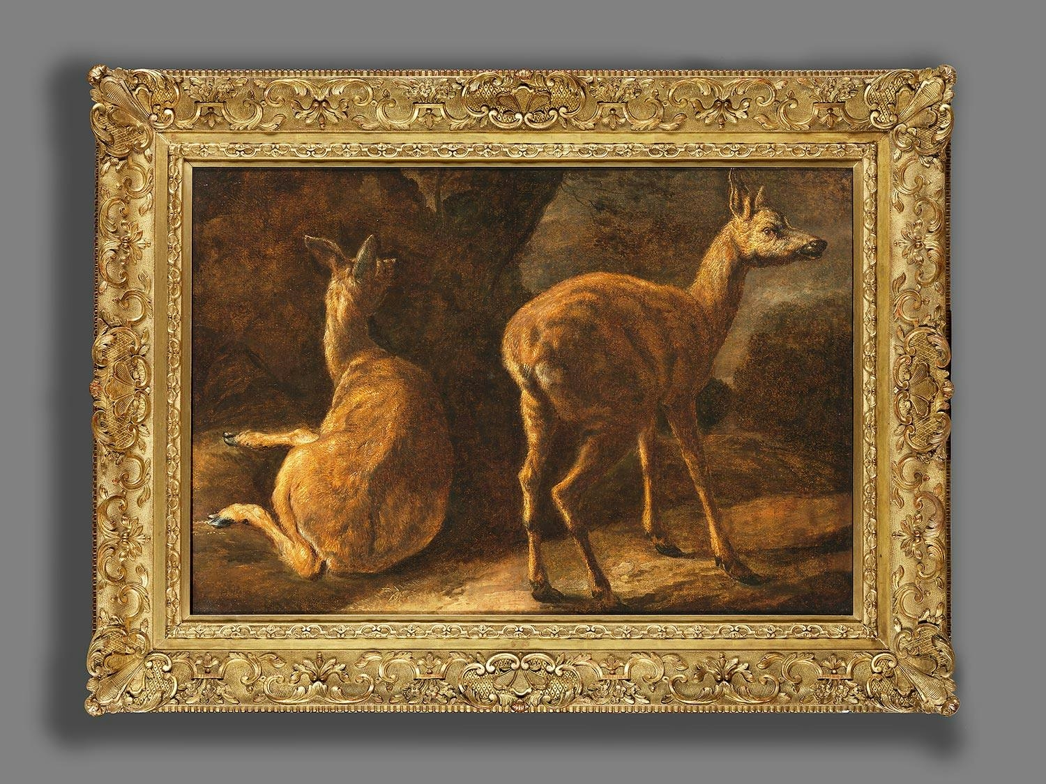 Artwork by Bernard Nicasius, WALDLANDSCHAFT MIT ZWEI REHEN, Made of Öl auf Leinwand