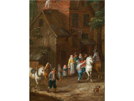 FLUSSLANDSCHAFT MIT REISENDEN AUF DEM WEG IN EIN DORF - Jan Frans Beschey