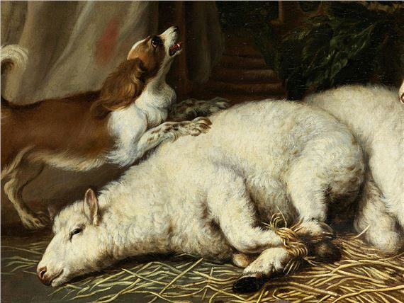 INNENRAUM MIT ZWEI SCHAFEN, EINEM HUND UND ERLEGTEM FEDERVIEH