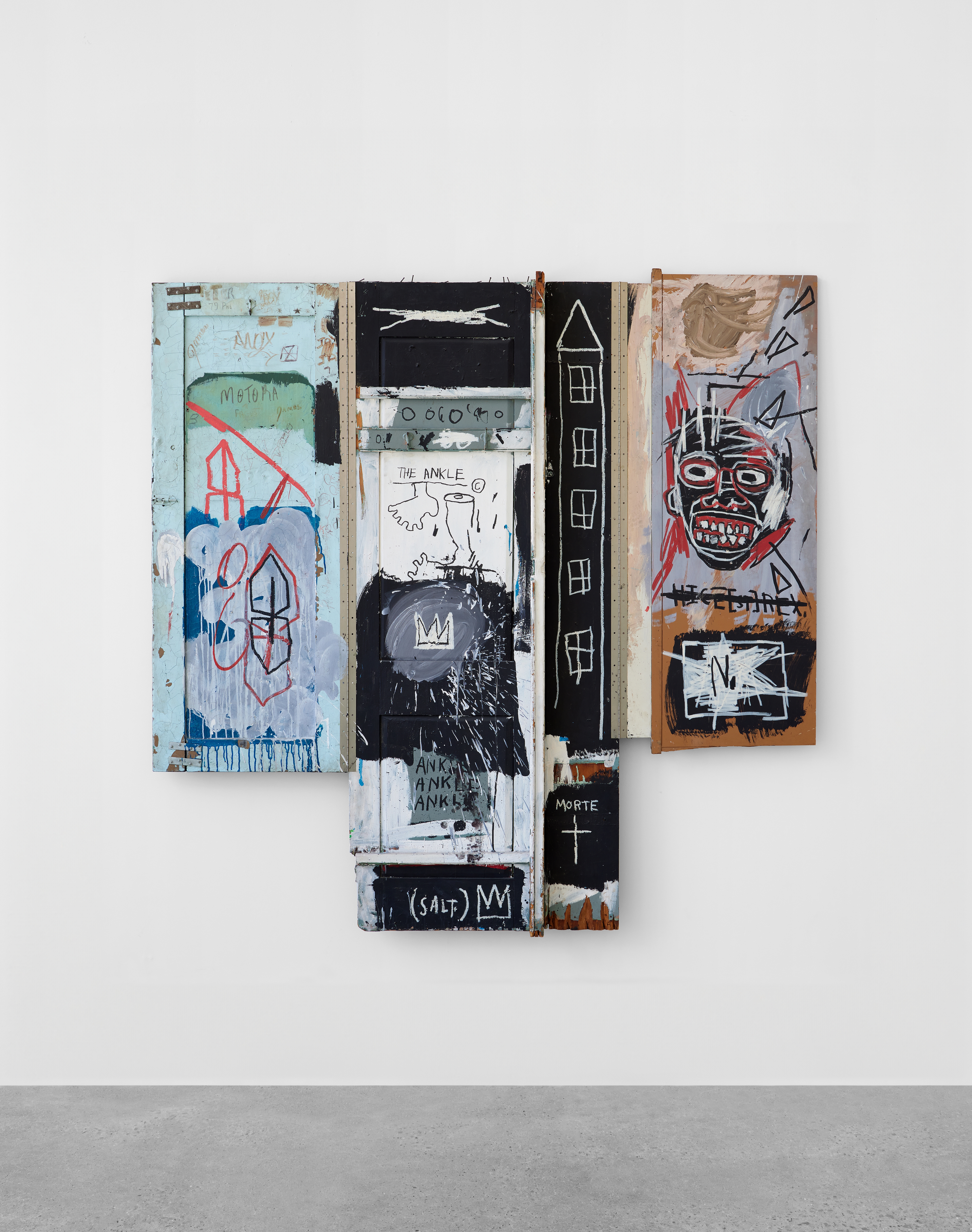 Artwork by Jean-Michel Basquiat, Portrait of the Artist as a Young Derelict, Made of oil, oil stick, and acrylic on wood and metal