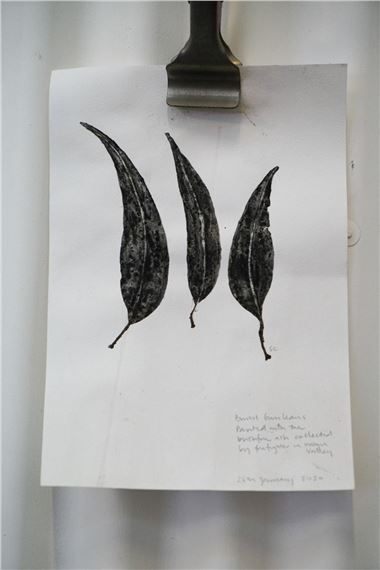 Burnt gum leaves painted with bushfire ash collected by a firefighter, by Sibella Court, unframed 30 x 21cm - Sibella Court