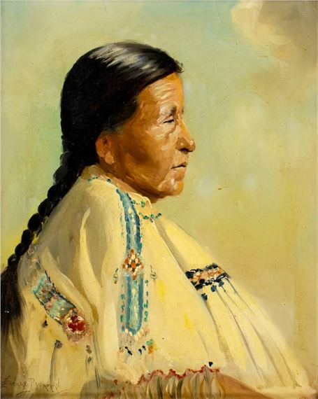 A profile portrait of a person with dark hair in a braid, wearing a light-colored garment with colorful embroidery.
