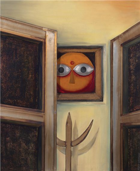 A surreal painting featuring a framed face with large eyes peeking from between open doors.