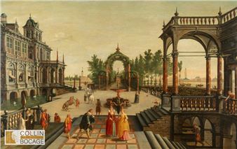 Characters conversing in front of a palace - Paul Vredeman de Vries