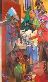 A vibrant, crowded scene of a lively market or gathering filled with people and animals.