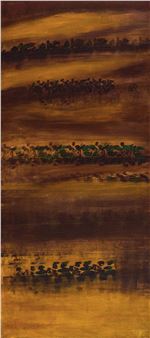 A layered landscape painting featuring horizontal bands of earthy tones with dark silhouettes of figures or trees.