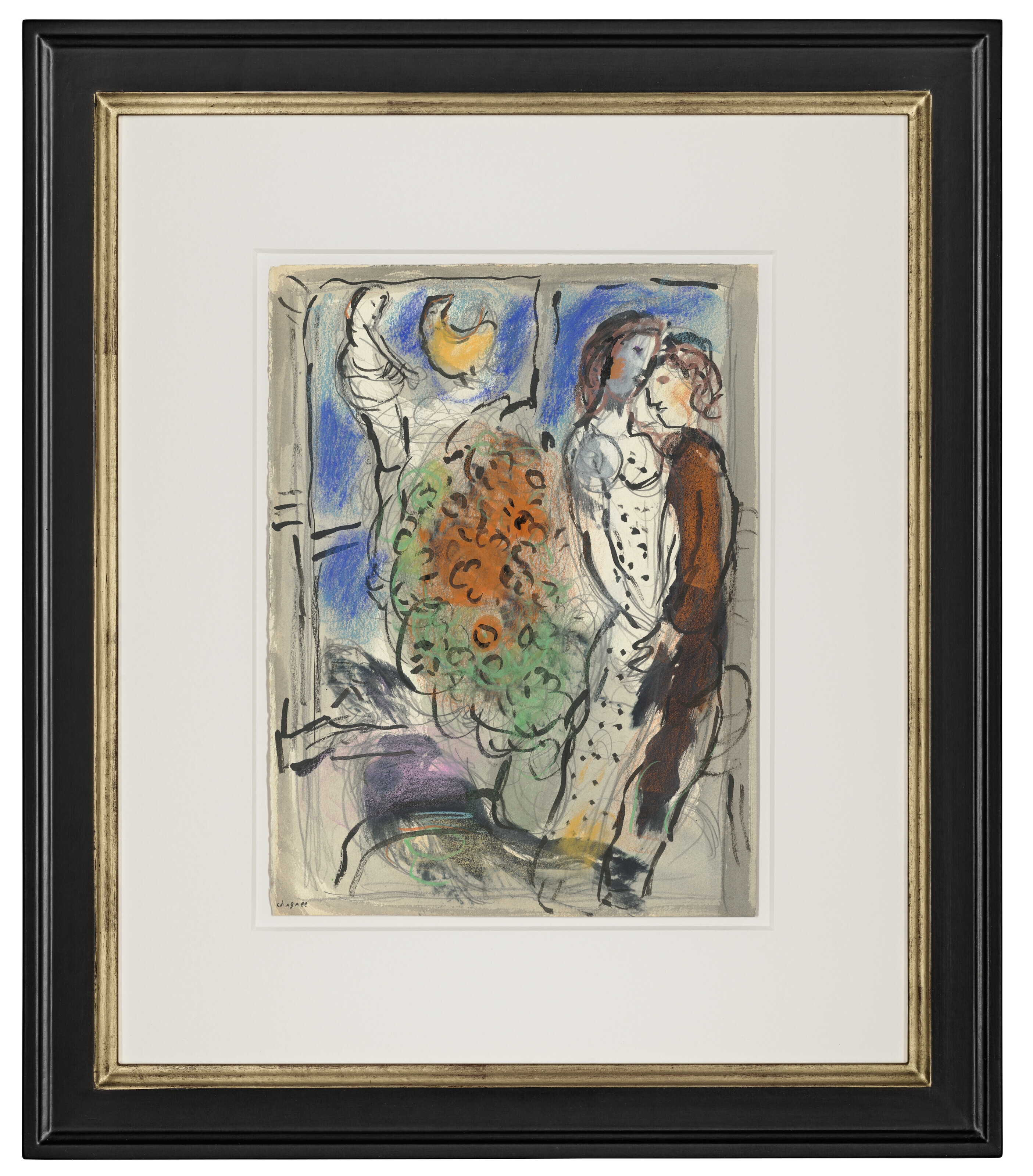 Marc Chagall | Amoureux et bouquet devant la fenêtre au ciel bleu ...