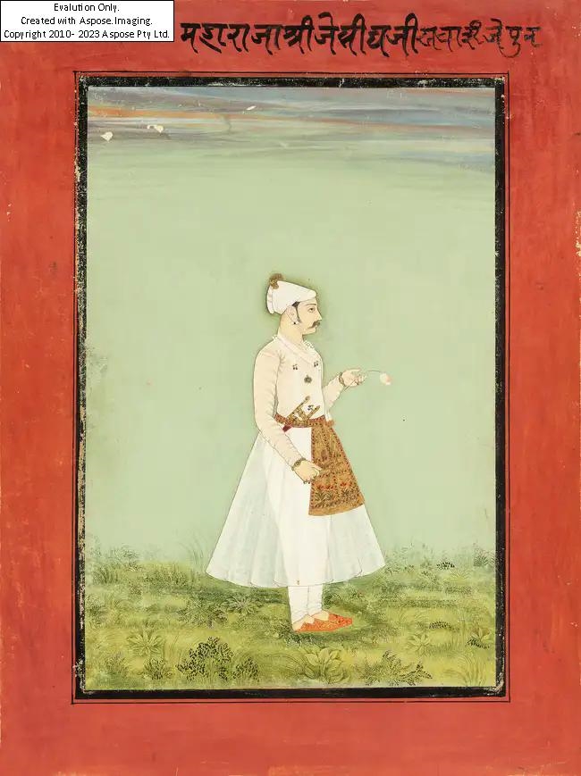 Artwork by Indian School, 18th Century, A standing portrait of a maharaja Jaipur, Rajasthan, Northern India, second half eighteenth century, Opaque pigments heightened with gold on paper, possibly jai Singh of Jaipur, facing right, in white garb tied, a katar tucked in an elegant embroidered gold sash, holding a lotus bud in his left hand, within thin black margins and rule, wide red borders, an inscription in loose black devanagari script above, numbered, the reverse with further numerals in black and red ink, mounted folio 33, Made of heightened with gold on paper