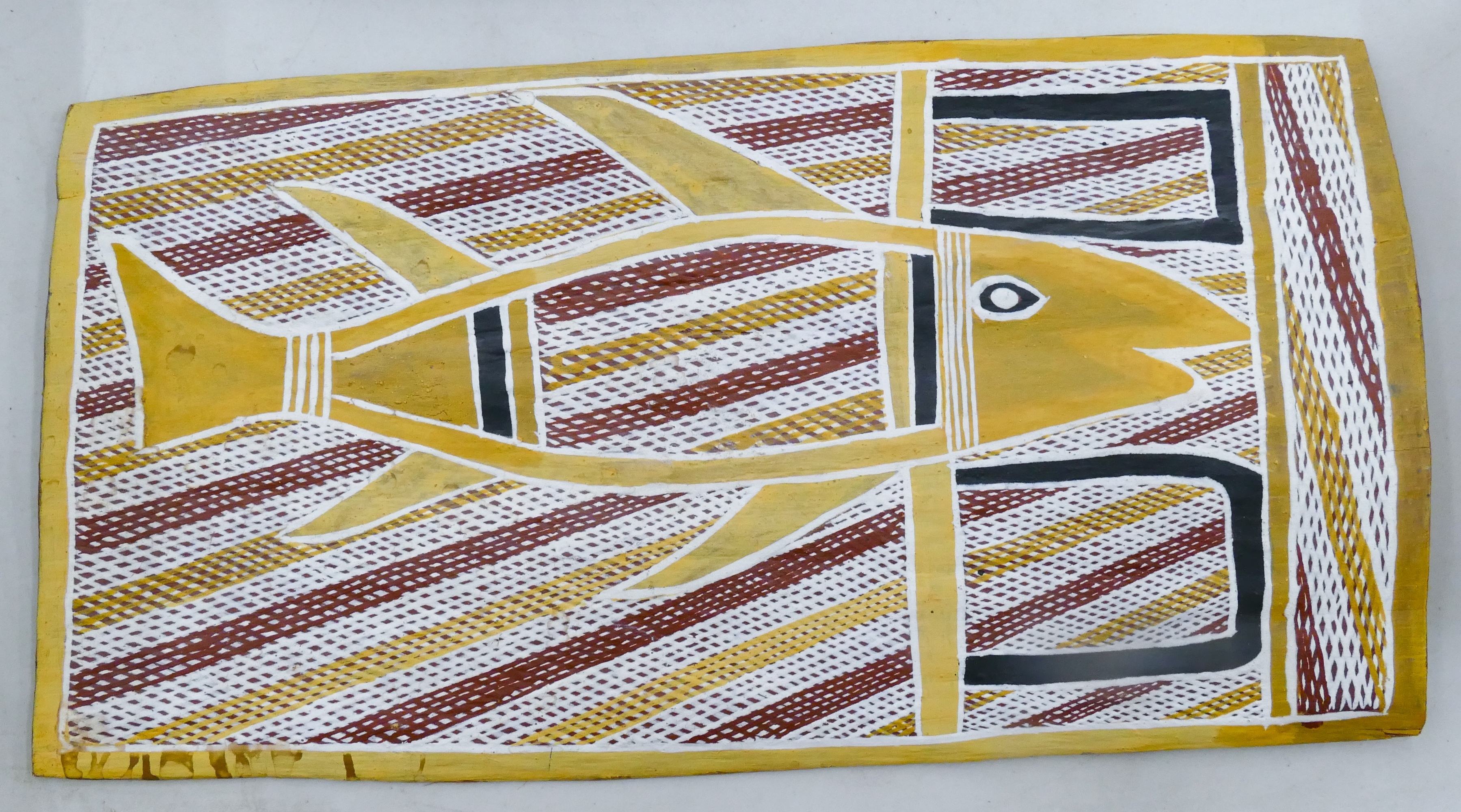 Artwork by Djimbarrdjimbarrwuy Garawirrtja, Djimbarrdjimbarrwuy Aboriginal Fish Bark Painting 10&#39;&#39;x18&#39;&#39;, Made of Bark Painting