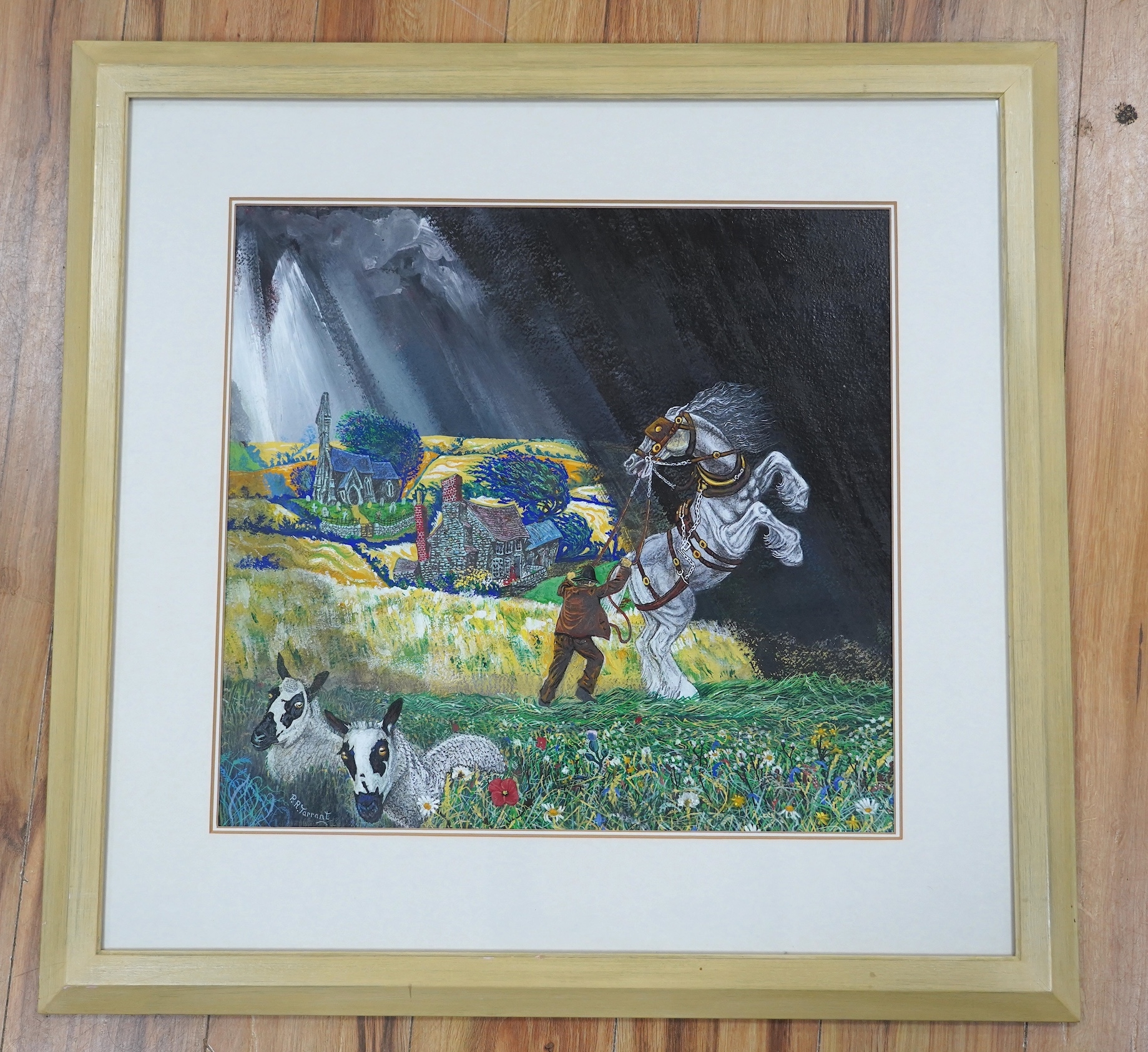 A dramatic pastoral scene where a figure leads a rearing white horse toward a village under stormy skies.
