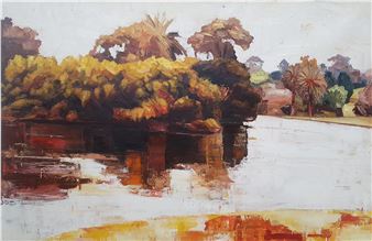 A textured landscape painting of a riverside scene with autumnal trees and a wooden structure.