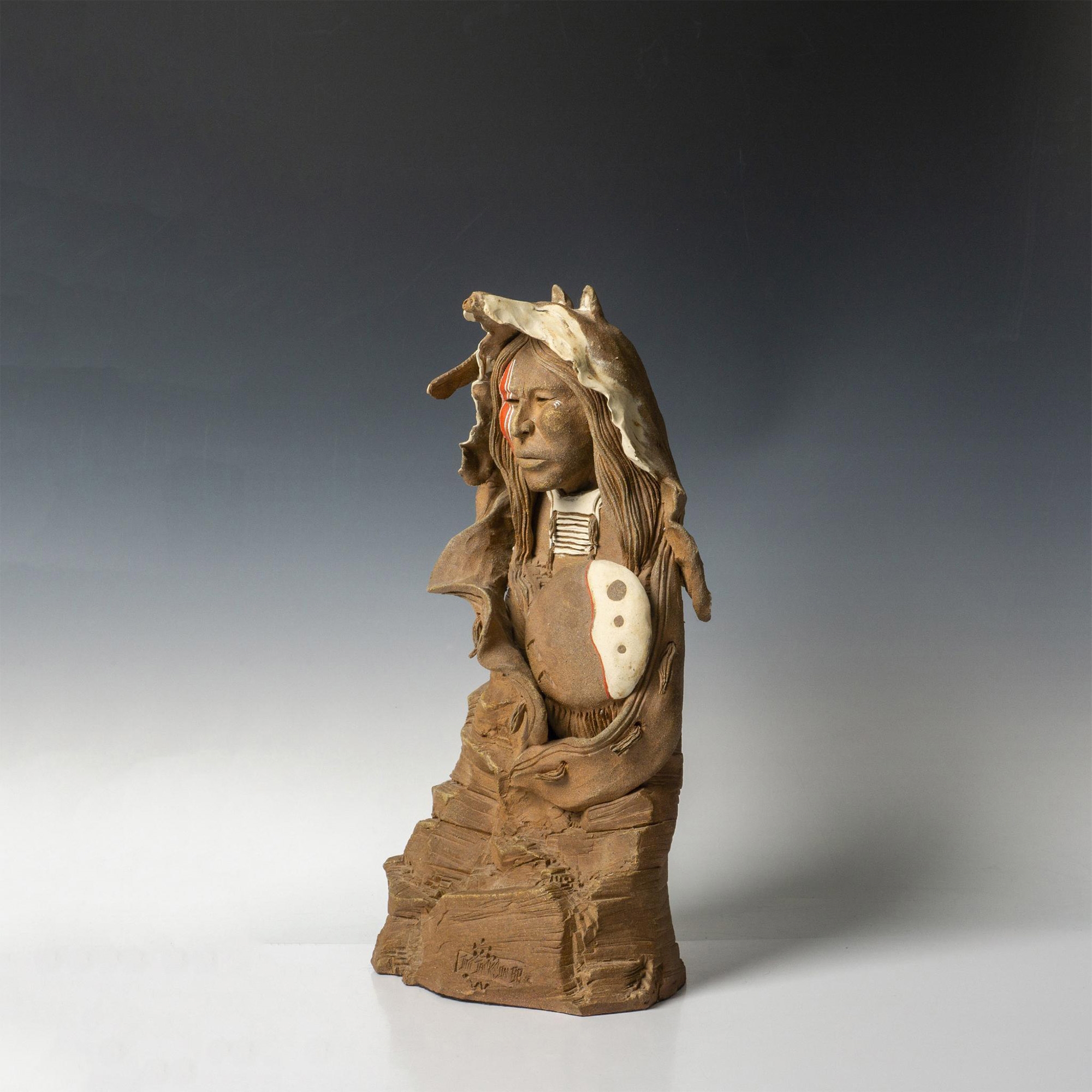 Artwork by Jim Jackson, Jim Jackson Indian Warrior Clay Pottery Sculpture, Made of Clay Pottery Sculpture