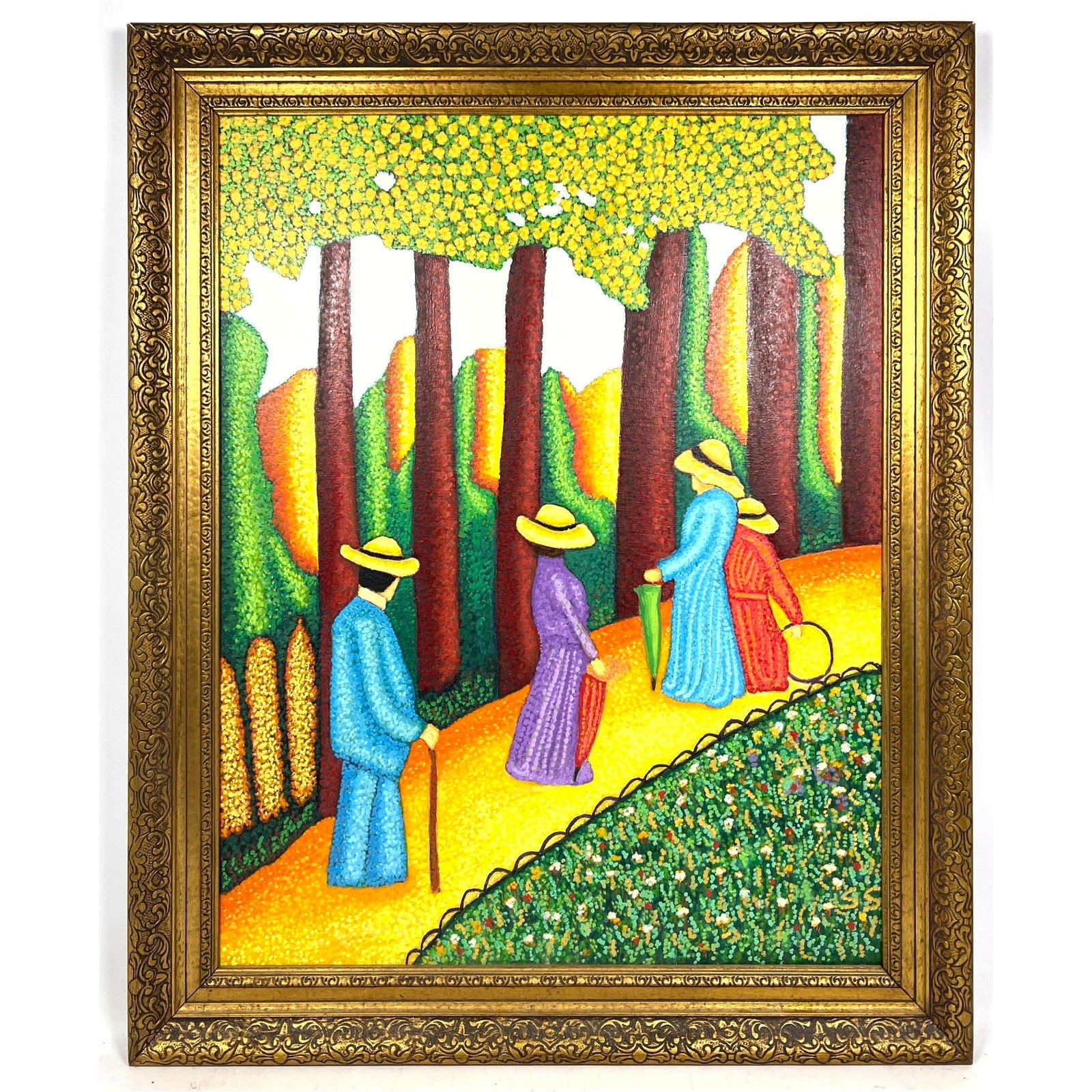 Artwork by Stephen Slomko, Stephen W. Slomko (American 1929-2013) Oil painting on canvas in original frame. A( walk in the park, Made of Oil painting on canvas