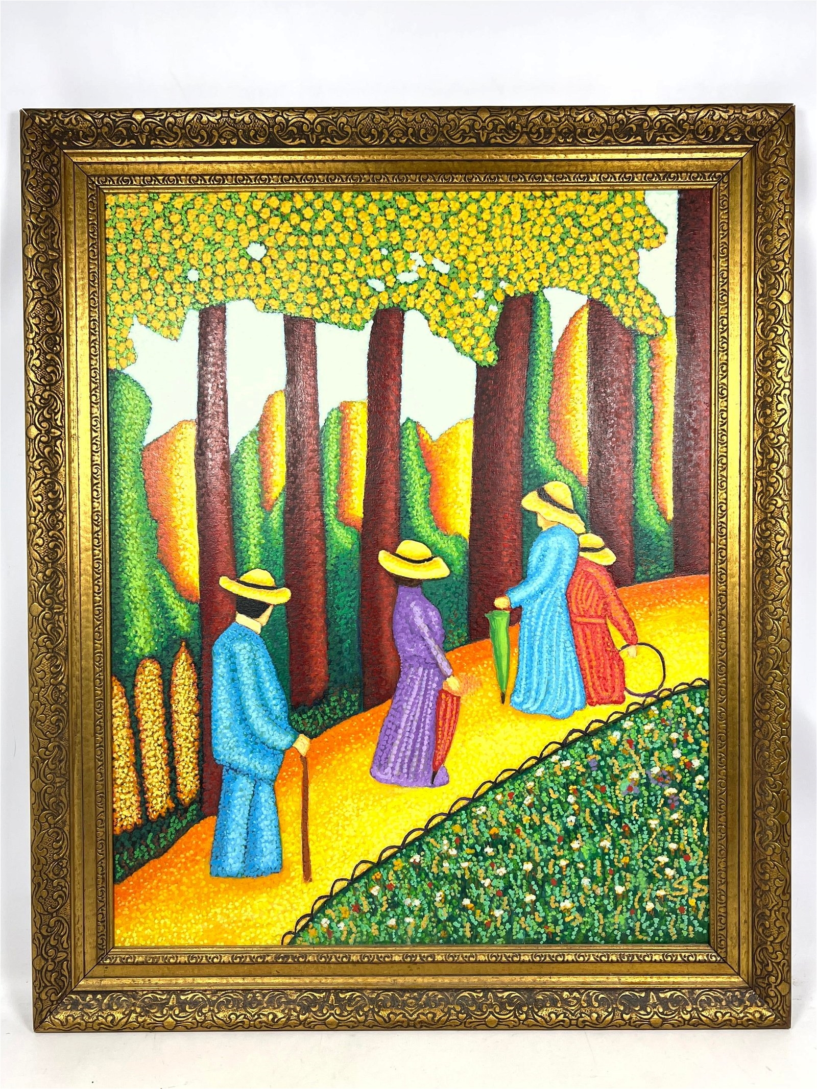 Artwork by Stephen Slomko, Stephen W. Slomko (American 1929-2013) Oil painting on canvas in original frame. A( walk in the park, Made of Oil painting on canvas