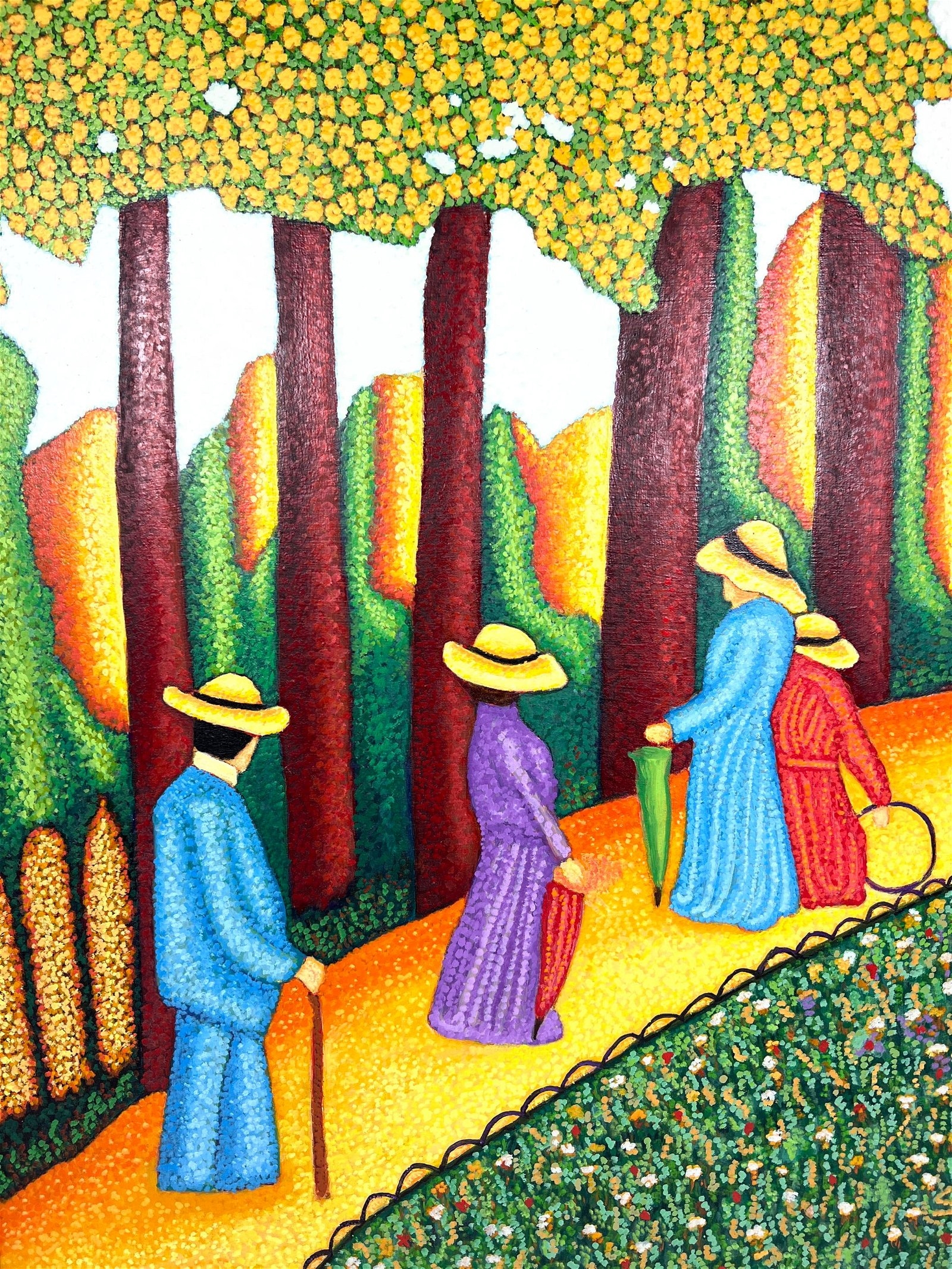 Artwork by Stephen Slomko, Stephen W. Slomko (American 1929-2013) Oil painting on canvas in original frame. A( walk in the park, Made of Oil painting on canvas