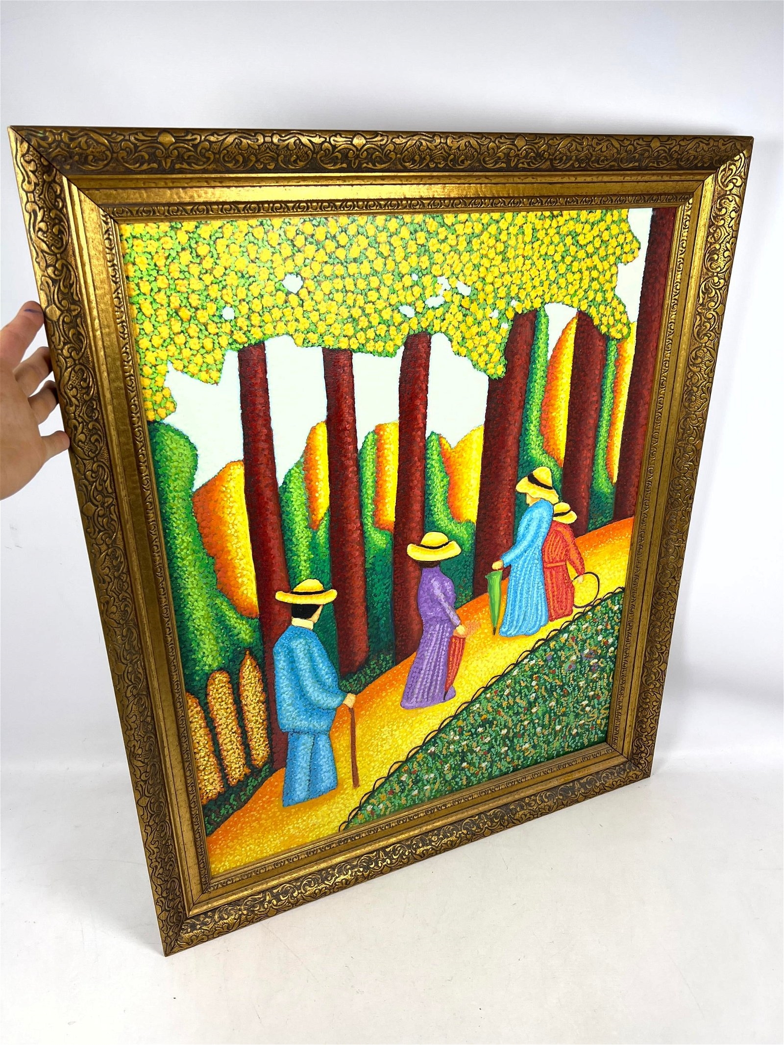 Artwork by Stephen Slomko, Stephen W. Slomko (American 1929-2013) Oil painting on canvas in original frame. A( walk in the park, Made of Oil painting on canvas