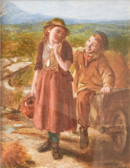 Two children with a wheelbarrow on a country lane by William Hemsley