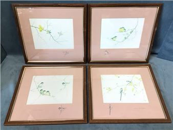 a set of four coloured prints of garden birds in branches - Dennis Mccallum
