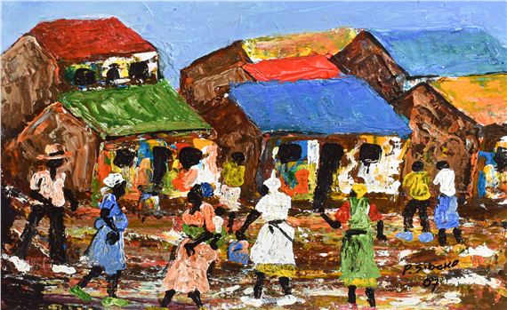 A busy village scene by Peter Sibeko, (20)07