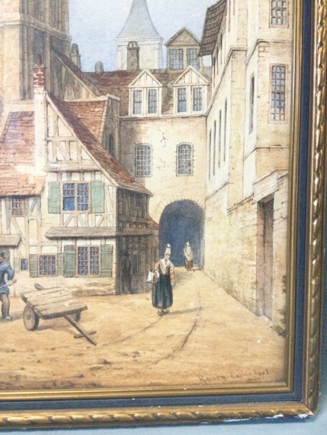 Artwork by S. Dobbin, study of Rouen Cathedral with figures in foreground, Made of watercolour