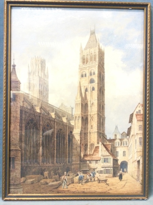 Artwork by S. Dobbin, study of Rouen Cathedral with figures in foreground, Made of watercolour