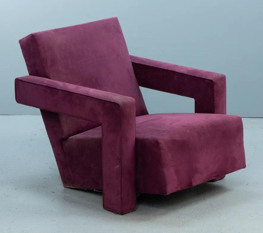 Artwork by Gerrit Rietveld, Easy Chair, Metz & Co, Made of Wooden frame, covered with purple velvet upholstery