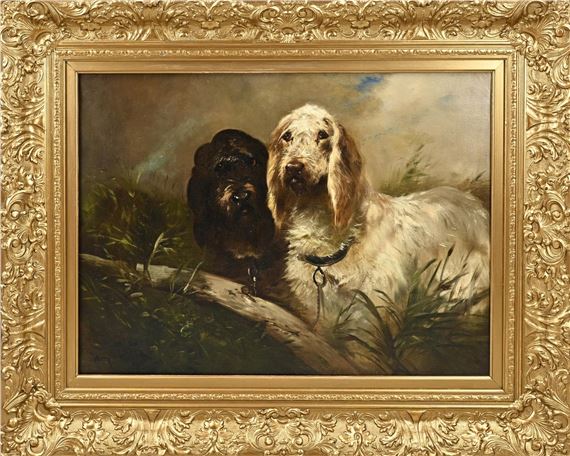 Henry Schouten. 1857 - 1927. Belgische School. Twee jachthonden. Olieverf op linnen. Afmeting: H 60 x B 80 cm. In goede staat by Henry Schouten