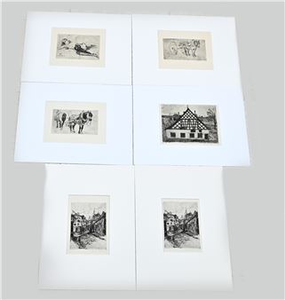 Zes diverse etsen van Rodolphe Bolliger. 1878 - 1952. Franse School. Afmeting: 18 - 22 cm. In goede staat - Rodolphe Bolliger