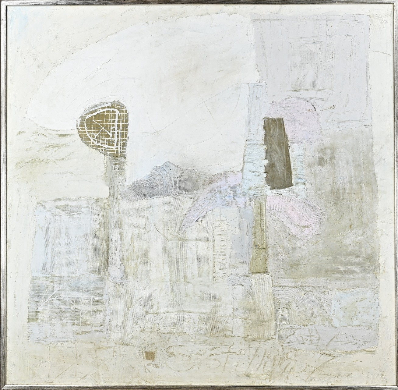 Artwork by Paolo Sistili, Paolo Sistilli. Italië 1950. Abstracte compositie in aardetinten. Olieverf op linnen. Afmeting: H 105 x B 105 cm. In goede staat, Made of oil on linen