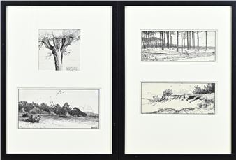 Johan Briedé. 1885 - 1980. 4x Grafiek. Landschappen. Zwarte inkt op papier. Afmeting: 10 - 20 cm. In goede staat - Johan Briedé