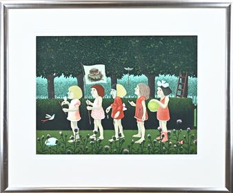 Dolf Zwerver. 1932 - 2010. Nr.: 229/250. Figuren in tuin. Lithografie op papier. Afmeting: H 45 x B 60 cm. In goede staat - Dolf Zwerver