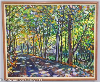 b. 1947) / Oil on canvas depicting a tree lined country road / Signed lower left / set in wood frame / Visible Art Size: 47.25"H x 57.5"W / Frame Size: 51.75"H x 62"W / Provenance: From the descendants of Lollie Oliver - Bud Gibbons