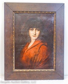 1853-1923); Portrait of a woman in red / unsigned / set in black oak frame / Visible Art Size: 19.5"H x 13.5"W / Frame Size: 27"H x 21"W / Condition: Needs cleaned - Clarence Samuel Kilpatrick