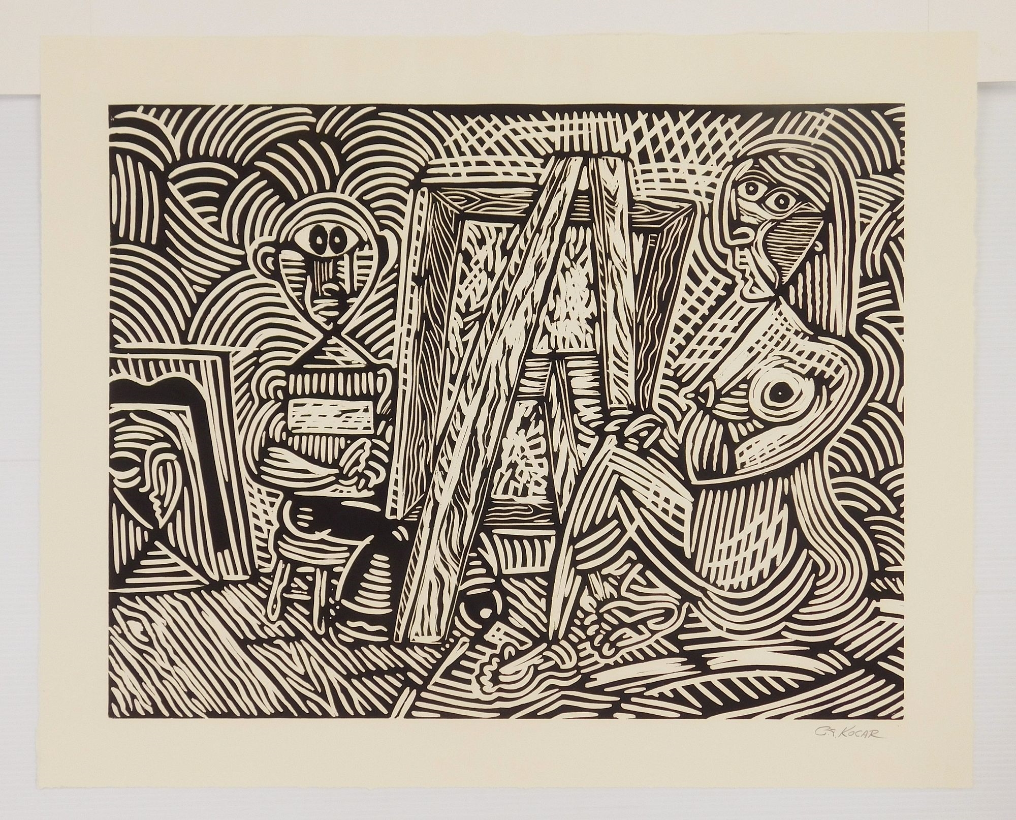 Artwork by George Kocar, Artist and Model, Made of linocut