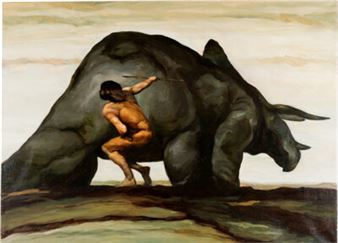 Jeff Catherine Jones - Tarzan and Triceratops Painting Original Art (undated). This very large piece was created in oil on 36" x 26" stretched canvas. Signed with a "J" in the lower right. In Excellent condition - Jeffrey Jones