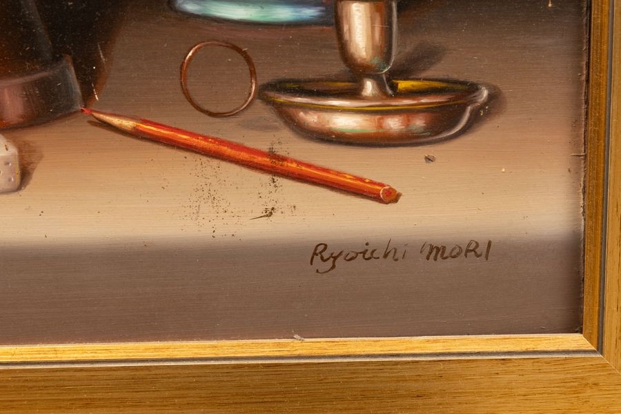 Artwork by Ryoichi Mori, Nature morte à la lampe à pétrole, Made of Oil on masonite
