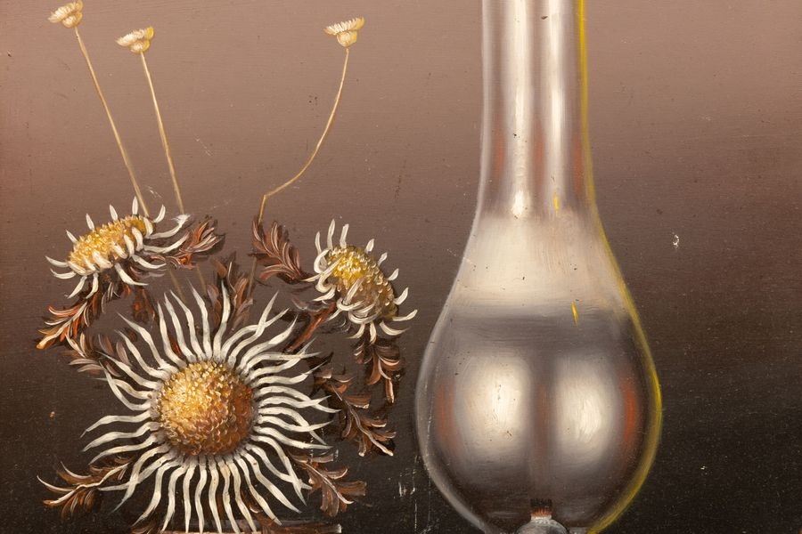 Artwork by Ryoichi Mori, Nature morte à la lampe à pétrole, Made of Oil on masonite