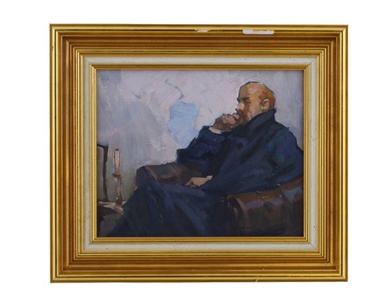 GEORGY SATEL, RUSSIAN, OIL ON CARDBOARD PAINTING "LENIN IN THOUGHT - George Evardovich Satel