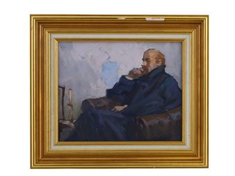GEORGY SATEL, RUSSIAN, OIL ON CARDBOARD PAINTING "LENIN IN THOUGHT - George Evardovich Satel