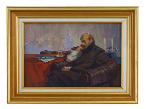 GEORGY SATEL, RUSSIAN, OIL ON CARDBOARD PAINTING "LENIN IN THOUGHT - George Evardovich Satel
