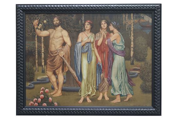 A classical painting of a bearded man and three draped women in a forest setting.