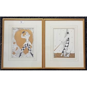 A pair of black, white and gold lithograph prints of Vaslav Nijinsky performing for the Ballet Russe - Roberto Montenegro Nervo