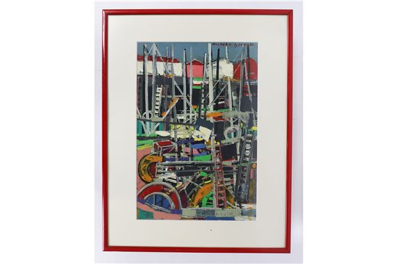 Vue de port Acrylique sur papier by Michel Godjevac, datée 86