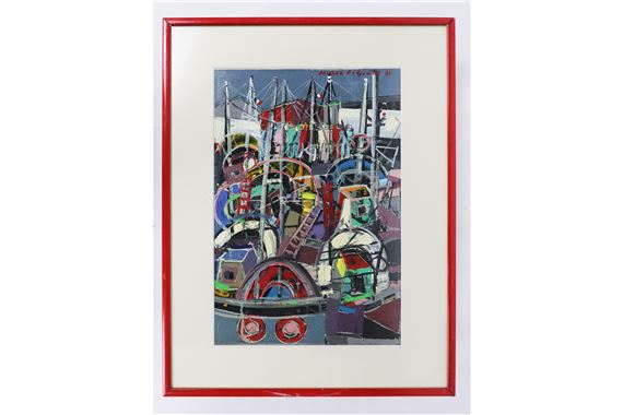 Vue de port Acrylique sur papier by Michel Godjevac, datée 86