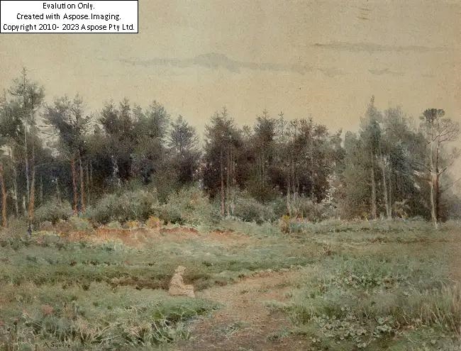 Artwork by Alice Squire, British 1840-1936-  Landscape with a seated figure by a path, Made of watercolour on paper