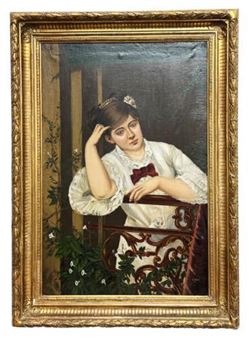 Scuola europea dell'800 ''Fanciulla sul terrazzo fiorito''. Dipinto ad olio su tela recante la dicitura A. Skog 1825. Cornice in legno dorato e intagliato - A. Skog