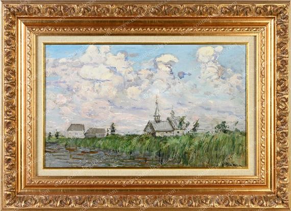 Russian church by a lake by Nikolai Mikhailovich Romadin, dated 1954