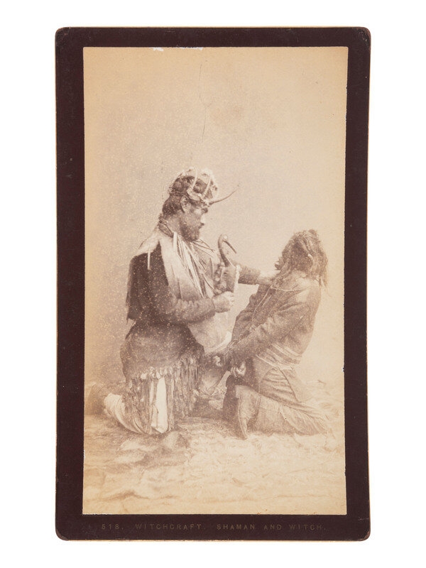 Artwork by Edward de Groff, NATIVE AMERICANS] DE GROFF, Edward, photog. 2 boudoir cards of a Haida shaman. Sitka, AK, ca 1890, Made of mount