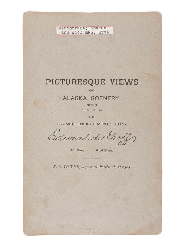 Artwork by Edward de Groff, NATIVE AMERICANS] DE GROFF, Edward, photog. 2 boudoir cards of a Haida shaman. Sitka, AK, ca 1890, Made of mount