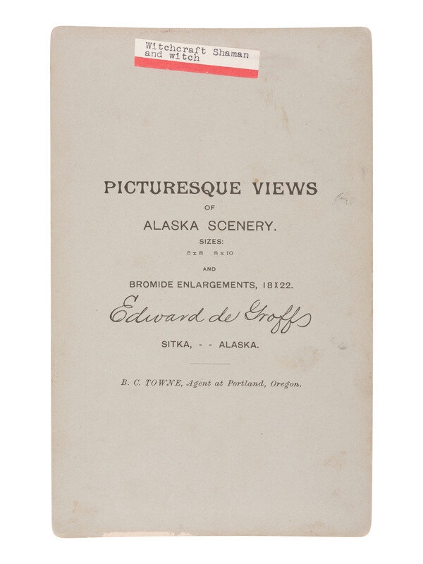 Artwork by Edward de Groff, NATIVE AMERICANS] DE GROFF, Edward, photog. 2 boudoir cards of a Haida shaman. Sitka, AK, ca 1890, Made of mount